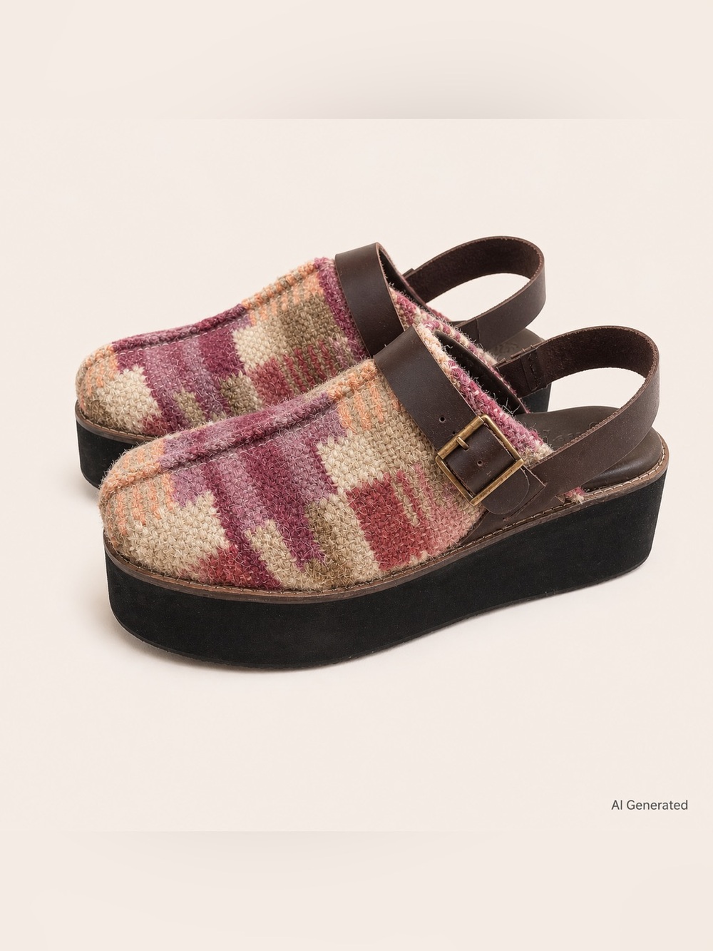 Free People Astrid Pink & Cream Woven Platform Clogs with Brown Strap